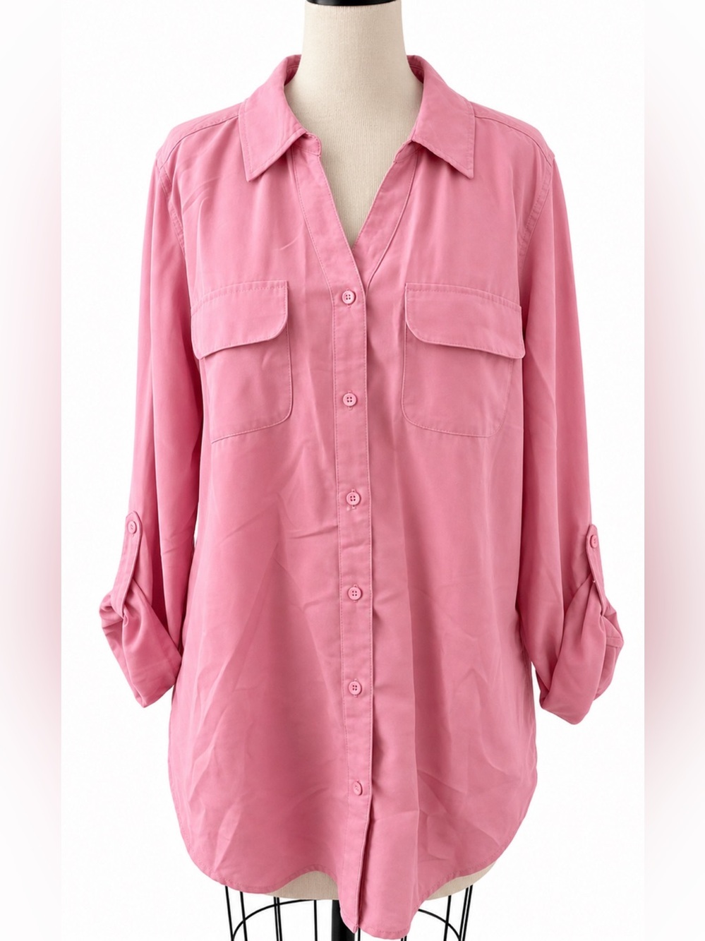 d&co Pink Button Down Shirt Size L Roll Tab Sleeve Utility Blouse Casual Chic